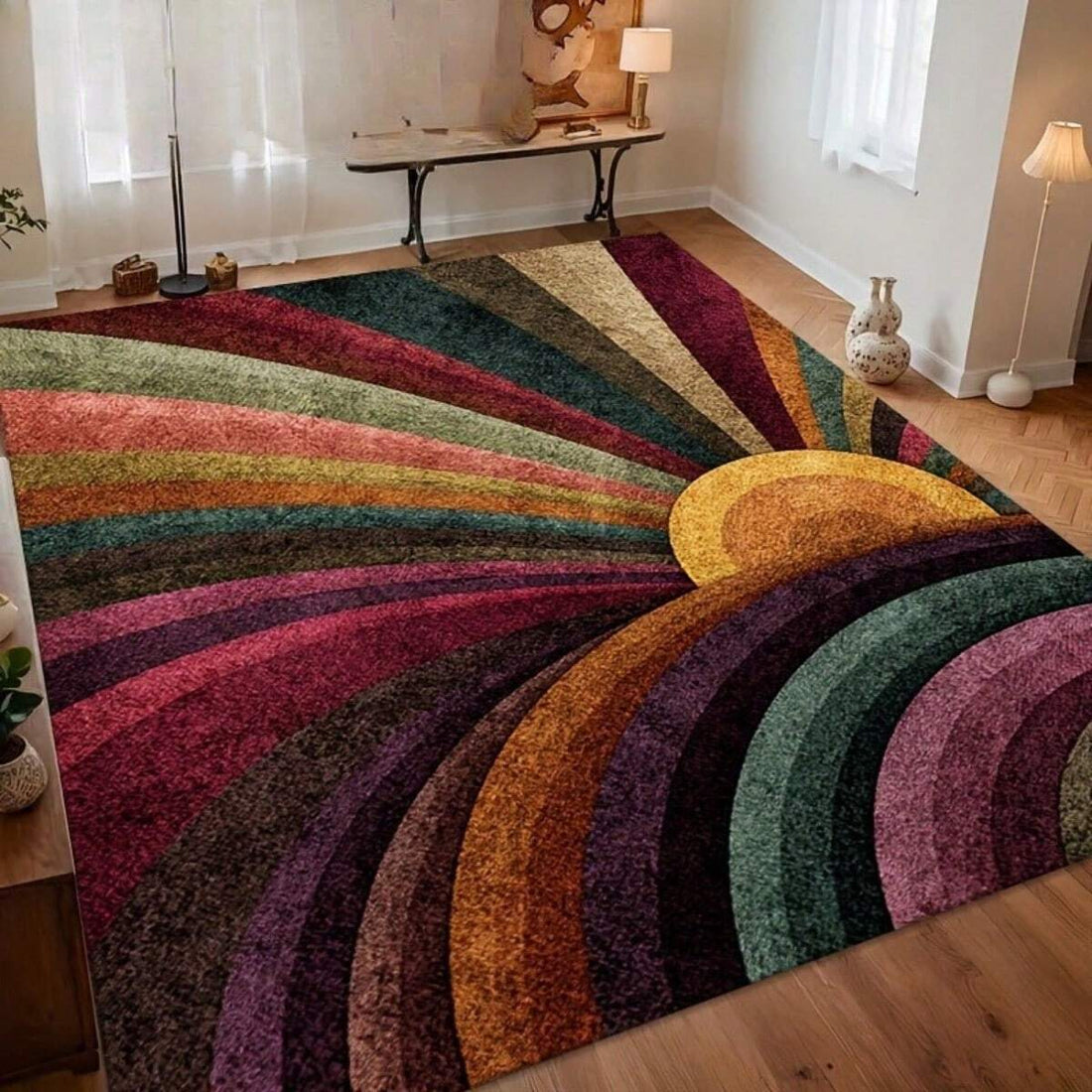 Retro Bohemian-Style Sun Radiating Pattern Flannel Material Area Rug,Door Mats, Outdoor Carpet , Comfortable Home Decor Mat, Non-Slip Rubber Bottom,Suitable For Shopping Centers Game RoomLiving RoomsBedroomsOffices Camping Rug