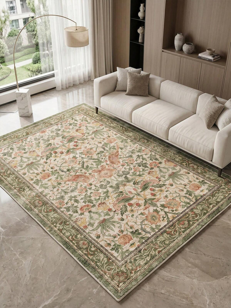 1pc Green Floral & Bird Pattern Living Room Rug, Suitable For Kitchen, Dining Room, Bedroom, Room Holiday Decor, Indoor/Outdoor, Office, Lobby, Anti-Slip Doormat, Bathroom Rug, Hallway, Study, Gaming Area
