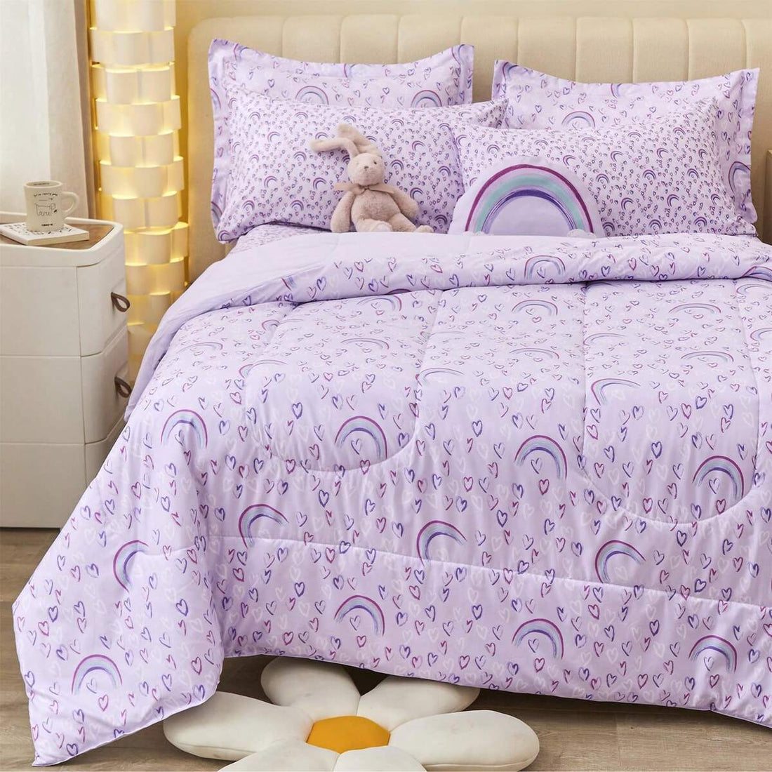 VIVILAND 6/8 Pieces Children's Quilt Set ,Ultral Soft Microfiber Kids Bed Set, Purple Background Love Rainbow Comforter Sets For Girls/Boys Kids, Twin/Full Comforter Set For Girls/Boys