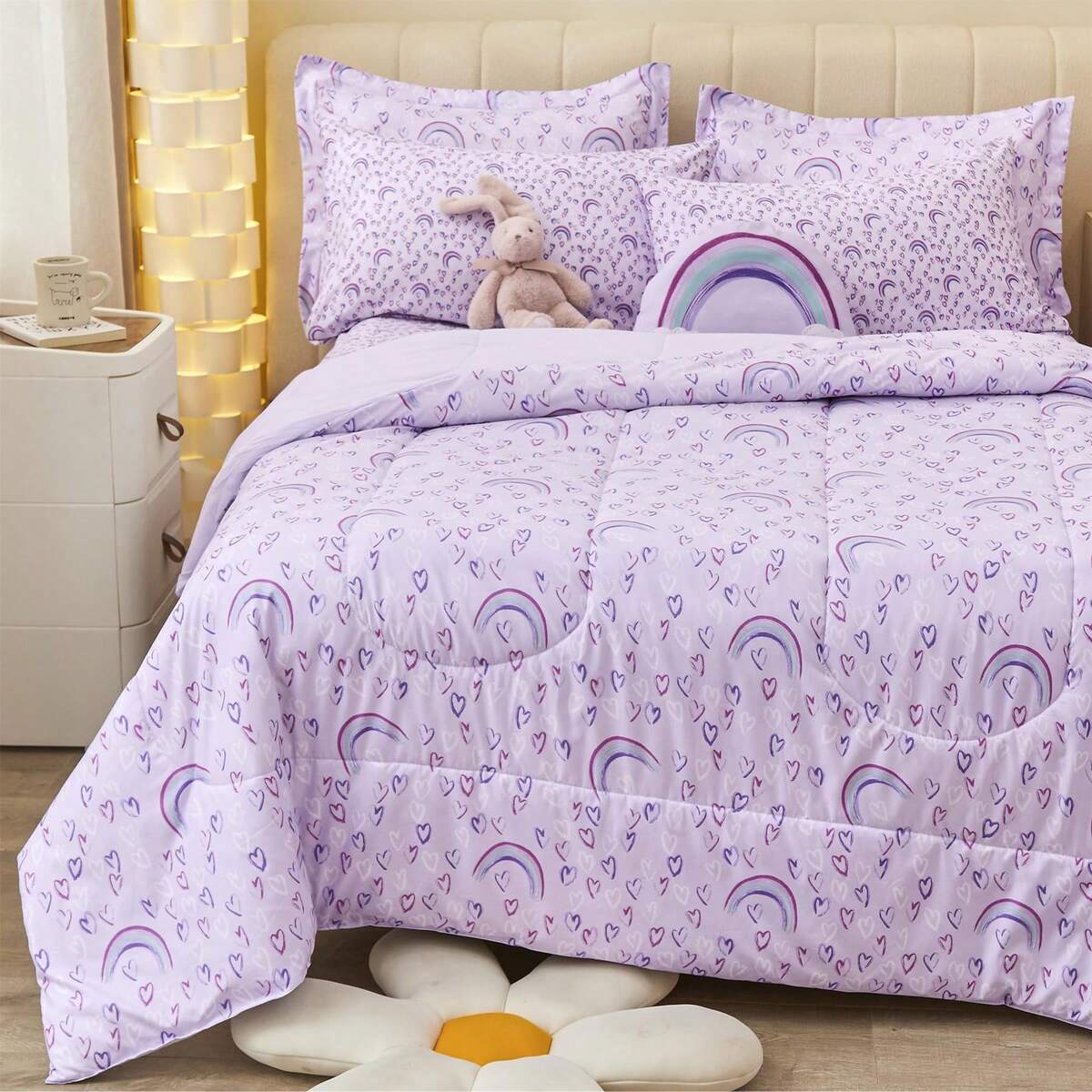 VIVILAND 6/8 Pieces Children's Quilt Set ,Ultral Soft Microfiber Kids Bed Set, Purple Background Love Rainbow Comforter Sets For Girls/Boys Kids, Twin/Full Comforter Set For Girls/Boys